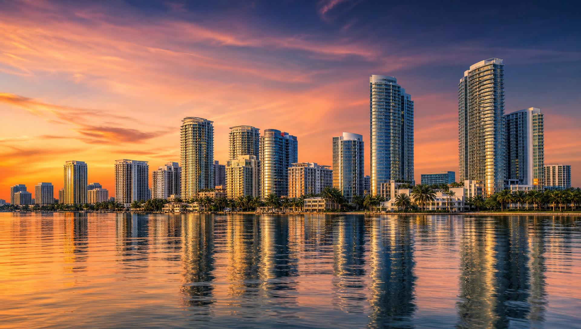 Fort Lauderdale skyline at golden hour seen across the water